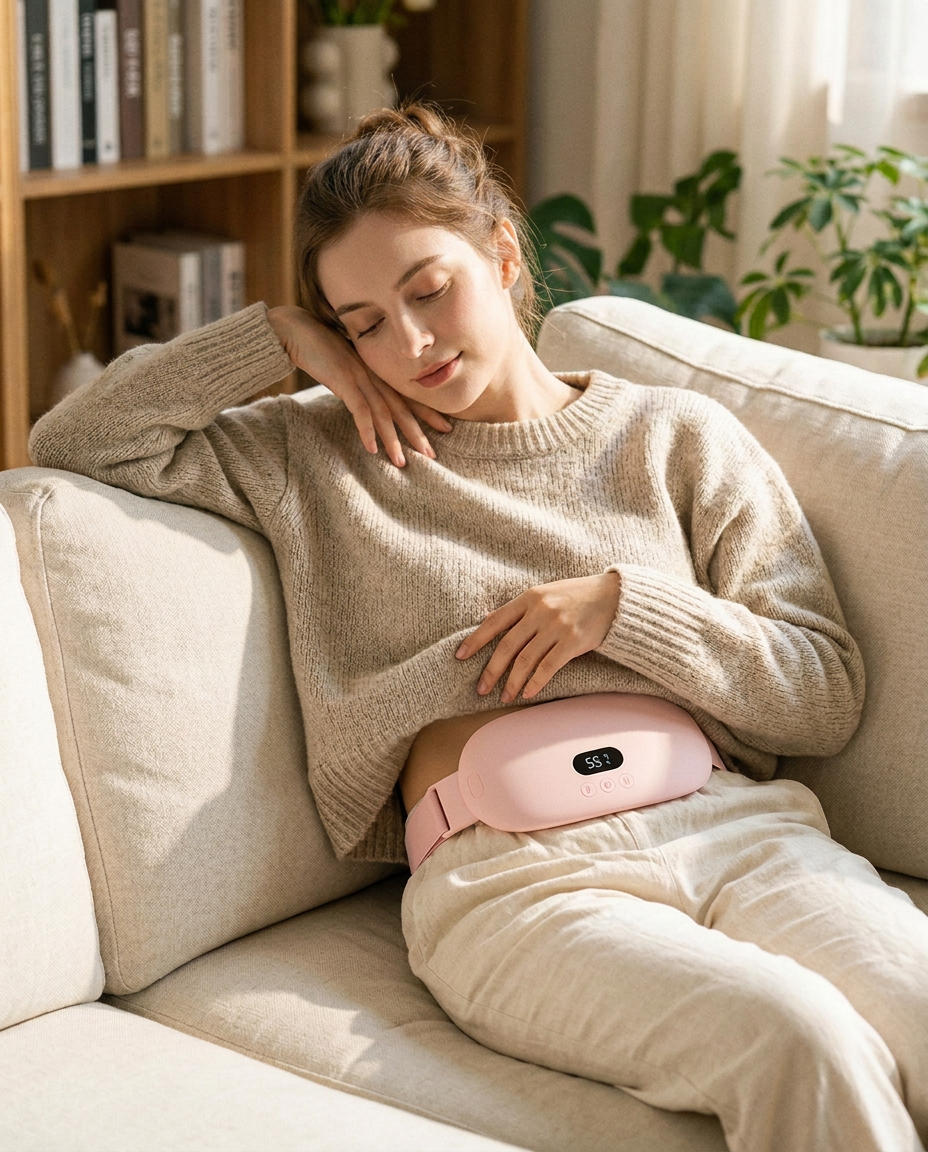 A woman resting on a cream sofa with the Bluum belt under her sweater